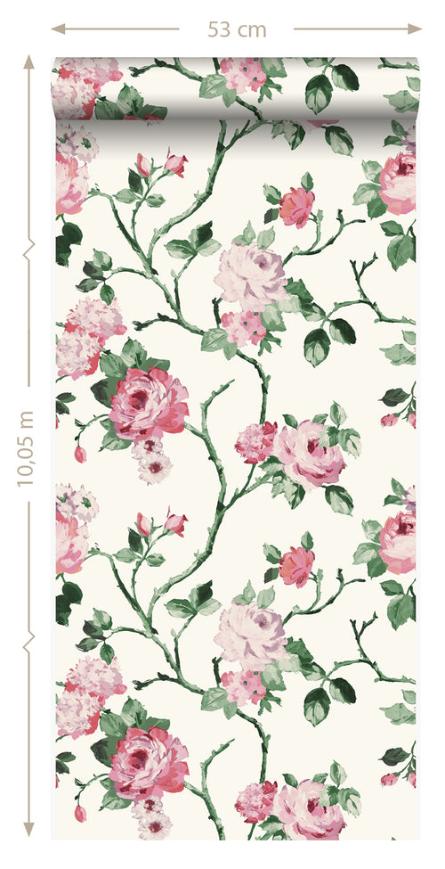 Origin Wallcoverings behang bloemen roomwit, roze en groen - 53 cm x 10,05 m - 347434 - vtwonen shop