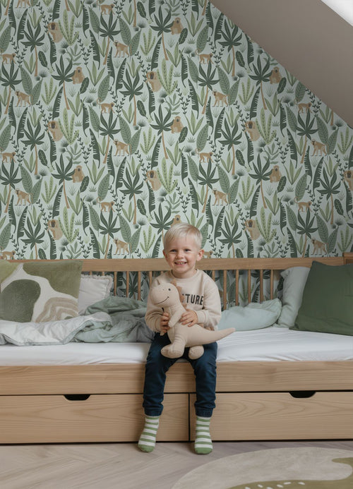 ESTAhome behang jungle apen mintgroen en donkergroen - 53 cm x 10.05 m - 139073