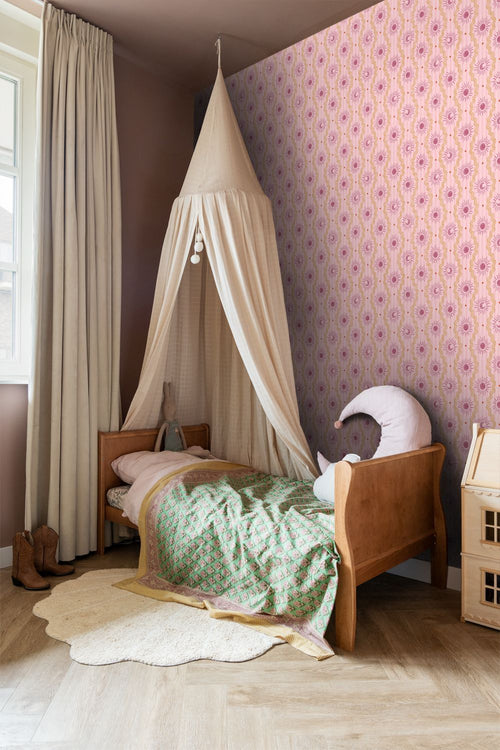 ESTAhome behang zonnetjes paars, roze en geel - 50 x 900 cm - 131712