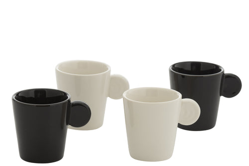 J-Line koffietas Met Oor + Bamboubasis - keramiek - wit/zwart - doos van 4