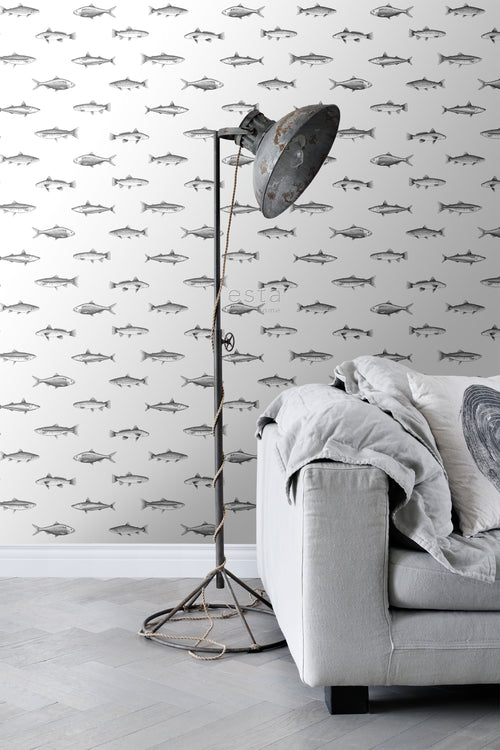 ESTAhome behang pentekening vissen wit en zwart - 53 cm x 10.05 m - 138967