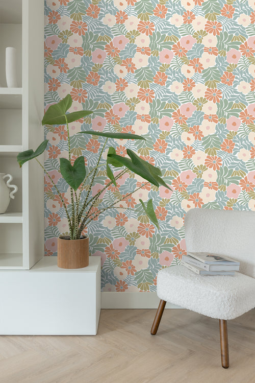 ESTAhome behang bloemen in Matisse stijl turquoise, oranje, olijfgroen en beige - 50 x 900 cm - 131004 - vtwonen shop