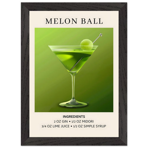 Artfulprints Poster met Lijst Melon Ball cocktail - Ingrediënten   - A4 21x29.7 cm - Groen