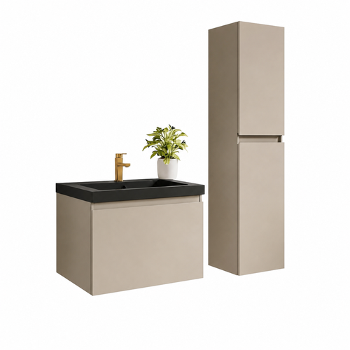 LOMAZOO badmeubelset Sorrento - met hoge kast & zwarte wastafel - greige - 60 cm