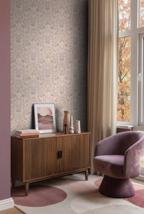 behang bloemen en vogels zand beige en lila paars van ESTAhome behang bloemen en vogels zand beige en lila paars van ESTAhome