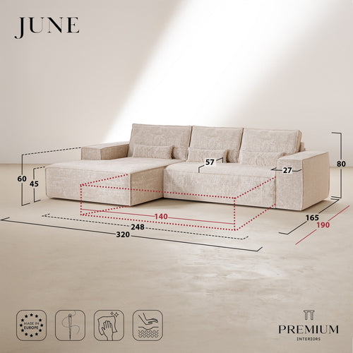 Premium Interiors - Linkerhoekbank met snelle uitklapfunctie JUNE - gewaafd fluweel crème 320cm