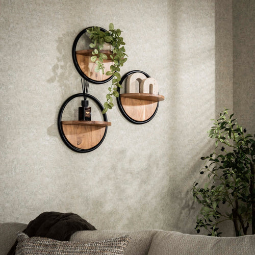 Giga Living Wandschap Round - Bruin Hout - Set van 3