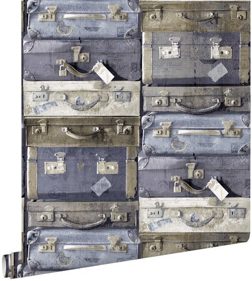 ESTAhome behang vintage koffers blauw en bruin - 53 cm x 10.05 m - 138215