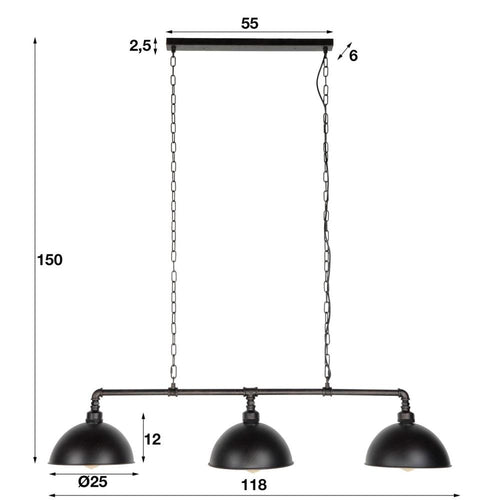 Giga Meubel Hanglamp Industrieel - Zwart Metaal - 3-Lichts - 118x26x150cm - vtwonen shop