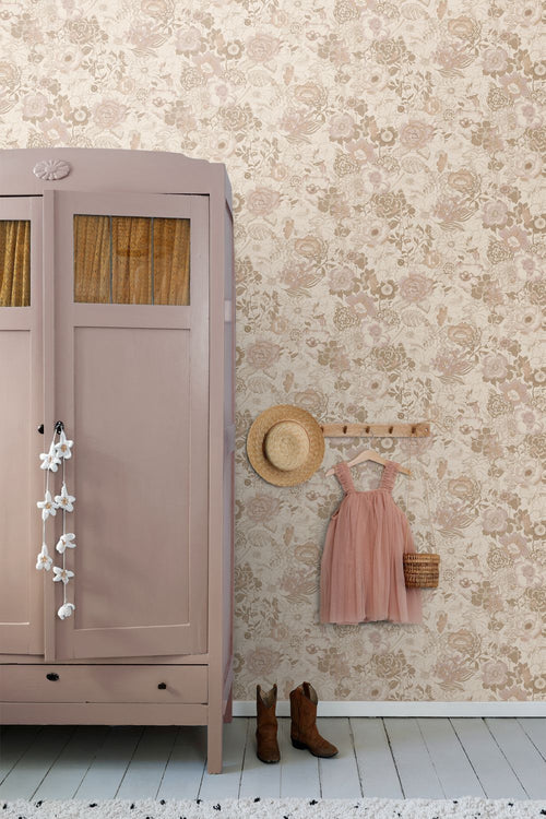 ESTAhome behang vintage bloemen beige en oudroze - 53 cm x 10.05 m - 139763