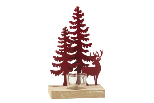 J-Line theelichthouder 1 Stuk Rendier/Bomen - metaal/hout - rood - vtwonen shop
