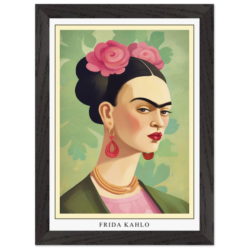 Artfulprints Poster met Lijst Frida Kahlo - Floral icon portrait   - A4 21x29.7 cm - Groen