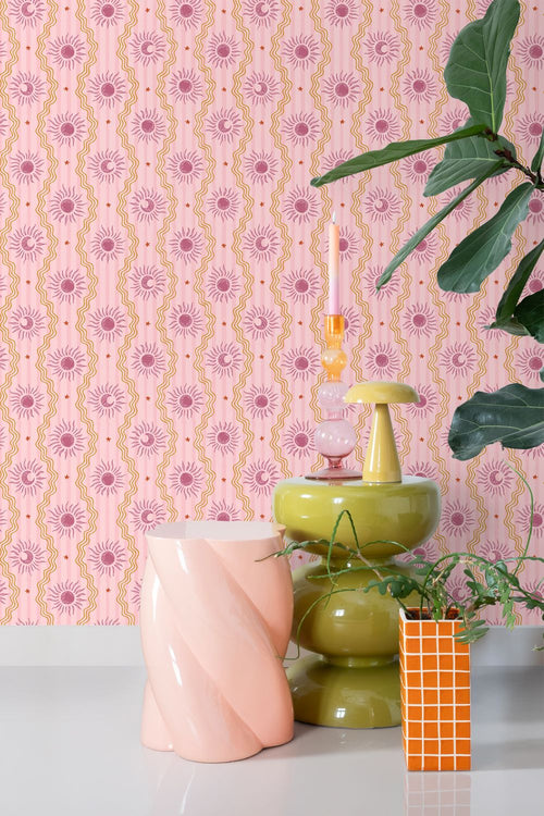 ESTAhome behang zonnetjes paars, roze en geel - 50 x 900 cm - 131712