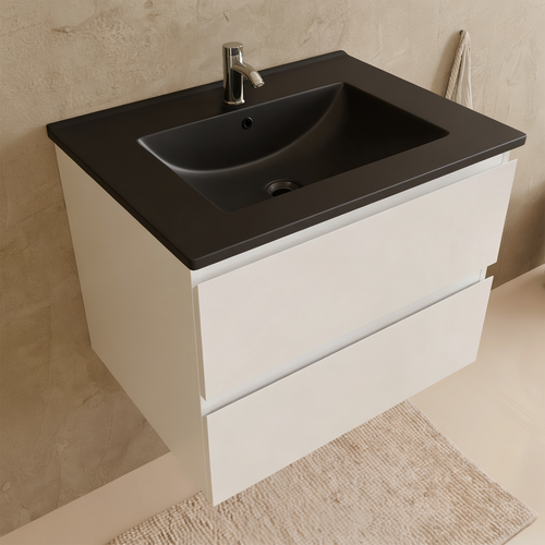 LOMAZOO badmeubelset Verona - met kolomkast & zwarte wastafel - glanzend wit - 60 cm