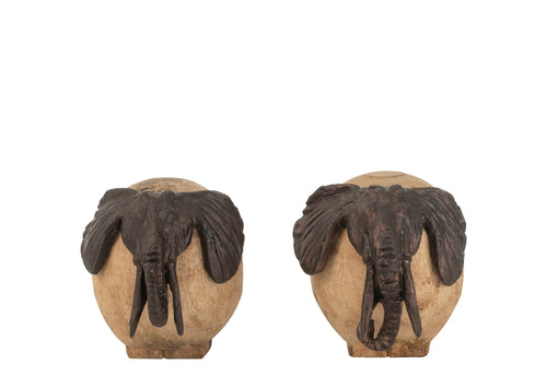 J-Line figuur Olifant - hout/metaal - naturel/brons - 2 stuks