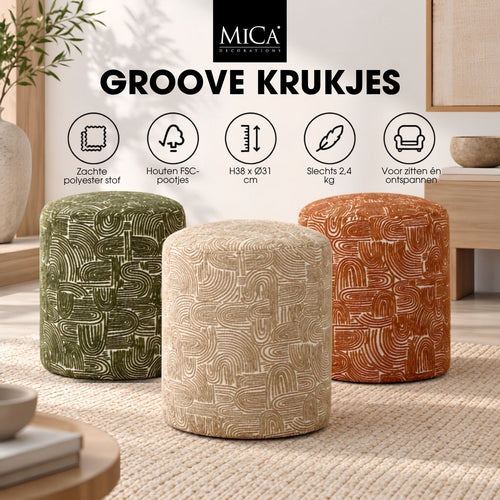 Mica Decorations Groove Kruk Beige - Ronde Kruk met Grafisch Patroon en FSC 100% Houten Pootjes - Multifunctioneel als Voetenbank, Bijzettafel of