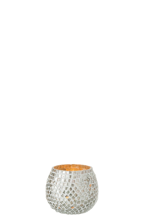 J-Line windlicht Mozaiek - glas - wit/zilver - 2 stuks