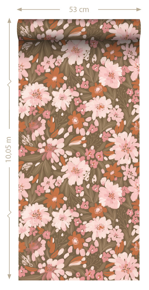 ESTAhome behang bloemen licht roze, terracotta en vergrijsd groen - 50 x 900 cm - 130926 - vtwonen shop