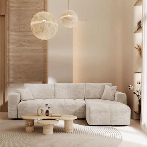 Premium Interiors - Rechthoekige hoekbank met snelle slaapfunctie VIBE - gewaafd fluweel crème 286cm