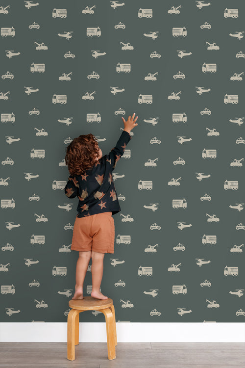 ESTAhome behang auto's, brandweerauto's, helikopters en kranen donkergroen - 53 cm x 10.05 m - 131400 - vtwonen shop