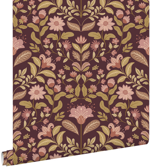 ESTAhome behang vintage bloemen donker paars en groen - 50 x 900 cm - 131894