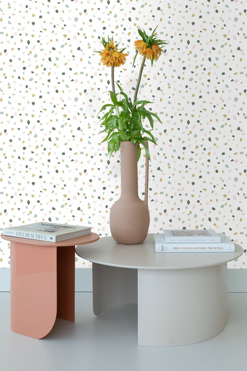 ESTAhome behang terrazzo wit, zacht roze en mintgroen - 53 cm x 10.05 m - 139033