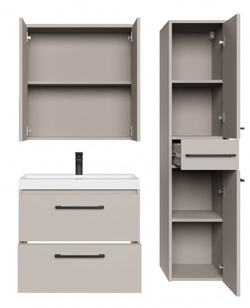 Badplaats Badkamermeubel Set Florence 60 cm – Beige – Hangend Badmeubel met Wastafel, Spiegelkast en Zijkast