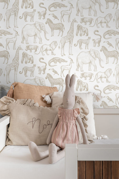 ESTAhome behang jungle dieren wit en beige - 53 cm x 10.05 m - 139690