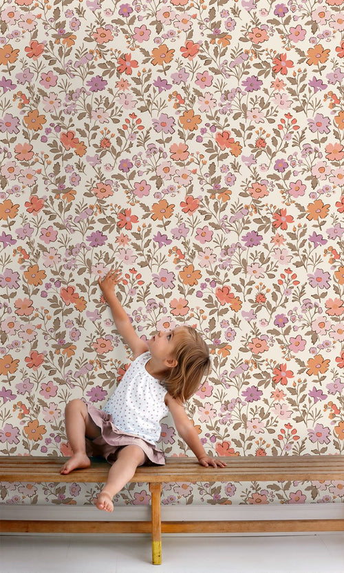 ESTAhome behang bloemetjes paars en oranje - 53 cm x 10.05 m - 131327