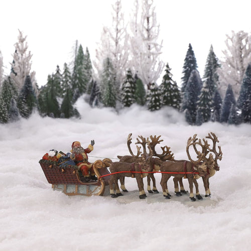 Luville Originals Kerstman met Rendierenslee - Kerstversiering voor Kerstdorp Miniatuur - Kerst Decoratie met Rendieren en Cadeaus - L21 x B7 x H8 cm