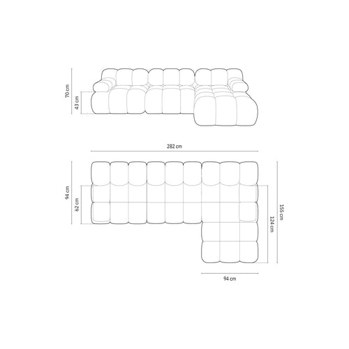 Cosmopolitan Design - Modulaire hoekbank rechts Cortina 4-zits, flueel rood - 155x282x70cm