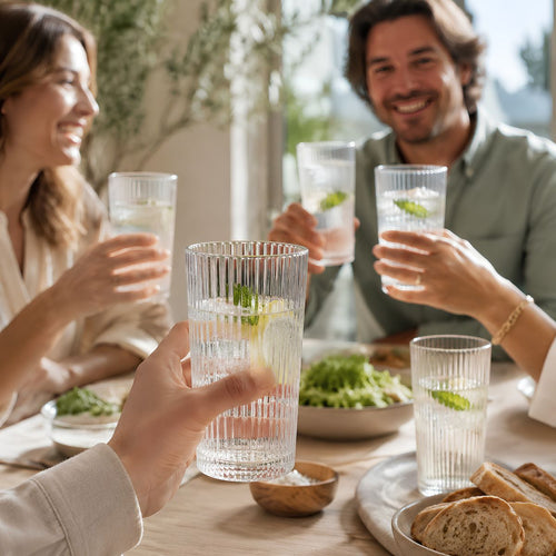 Mica Decorations Grigio Drinkglazen Set van 6 - Longdrinkglazen van Glas met Subtiele Ribbelstructuur - Transparant en Tijdloos voor Water, Frisdrank