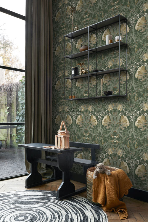 ESTAhome behang vintage bloemen in art nouveau stijl donkergroen - 53 cm x 10.05 m - 139420