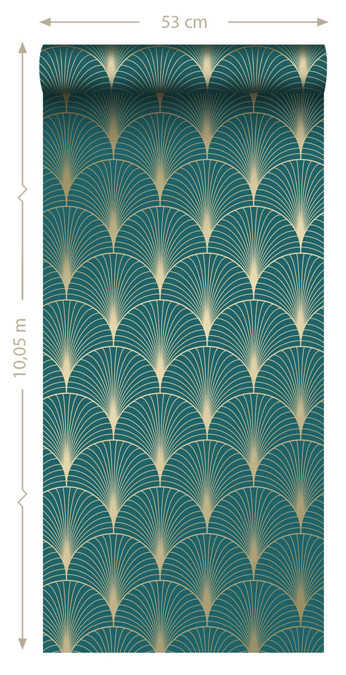 ESTAhome behang art deco motief petrolblauw en goud - 53 cm x 10.05 m - 139230