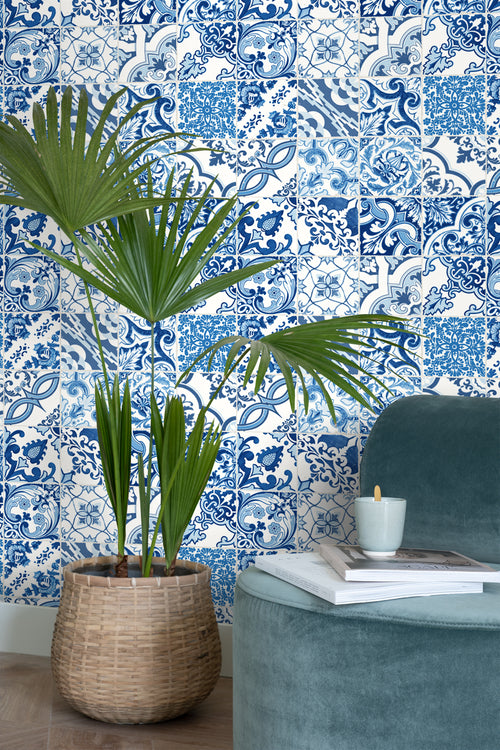 ESTAhome behang tegelmotief blauw - 53 cm x 10.05 m - 148636