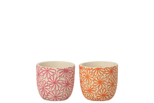J-Line bloempot Rond Bloemen - keramiek - roze/oranje - small - set van 2