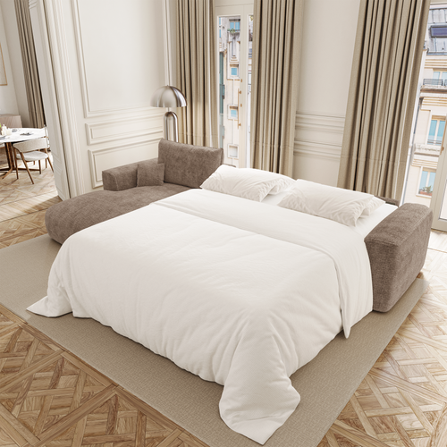 Premium Interiors - Linkerhoekbank met snelle uitklapfunctie COMO - zacht aanvoelende geweven stof bruin 300cm