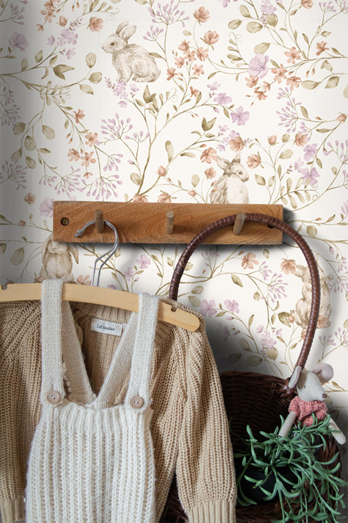 ESTAhome behang konijnen lichtpaars, groen en beige - 0.53 x 10.05 m - 131703