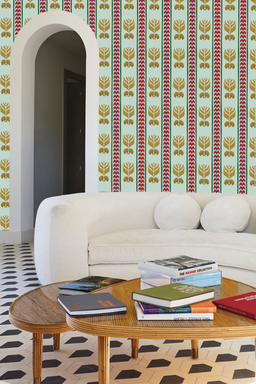 Catchii Behang Ikat Stripes pastel green/yellow - vtwonen shop