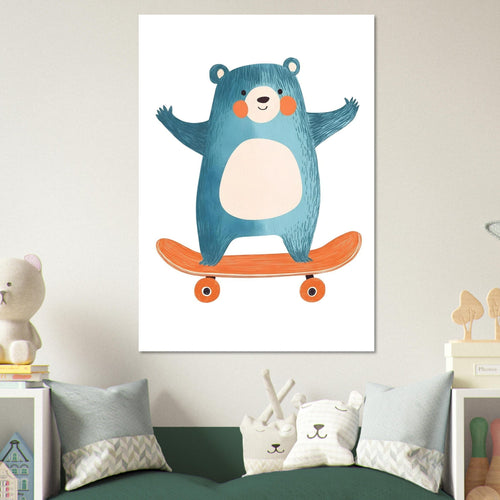 Artfulprints Poster Skatende beer   - 70x100 cm - Blauw