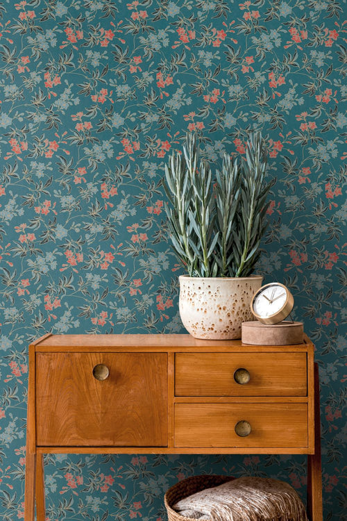 Livingwalls behang bloemmotief blauwgroen en terracotta - 53 cm x 10.05 m - AS-390634 - vtwonen shop