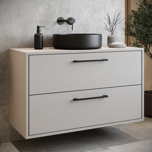 Badplaats Wastafelkast Florence 80 x 46 cm – Beige – Hangend Badmeubel met 2 Lades en Zwarte Handgrepen