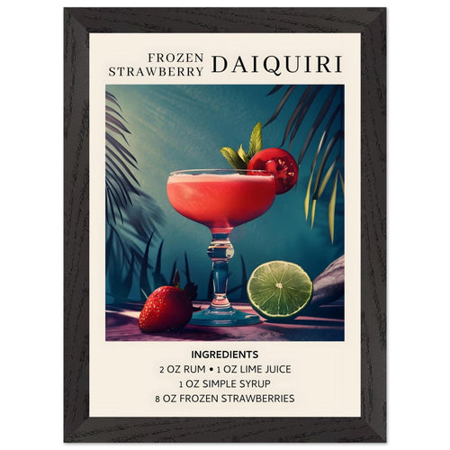 Artfulprints Poster met Lijst Frozen Strawberry Daiquiri cocktail - Ingrediënten   - A4 21x29.7 cm - Meerkleurig