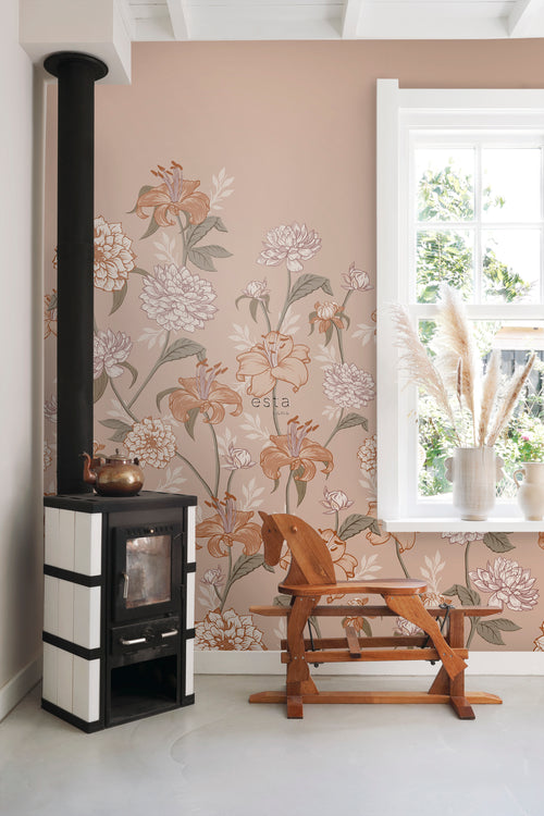 ESTAhome fotobehang vintage bloemen oudroze en terracotta - 150 x 279 cm - 159210 - vtwonen shop