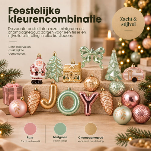 Mica Decorations Kerstboomornamenten JOY 26 stuks - Onbreekbare Kerstballen en Figuren - Set Kerstversiering in Roze, Champagne en Lichtgroen -