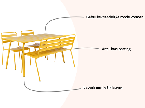 MaximaVida metalen tuinset Max okergeel 150 cm – 1 tafel met 2 stoelen en 1 bank - vtwonen shop