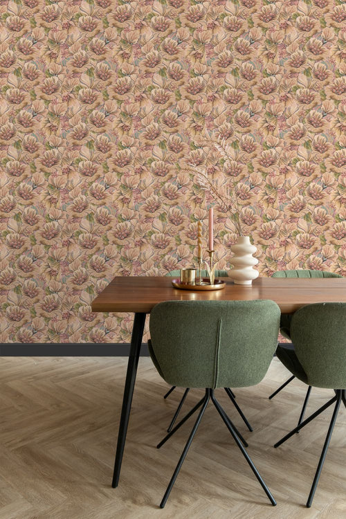 ESTAhome behang geborduurd bloemmotief bruin, beige en oudroze - 50 x 900 cm - 131295