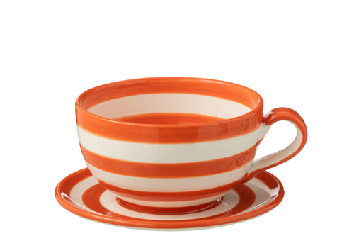 J-Line kopje + schoteltje Granada Stripes - keamiek - wit/oranje