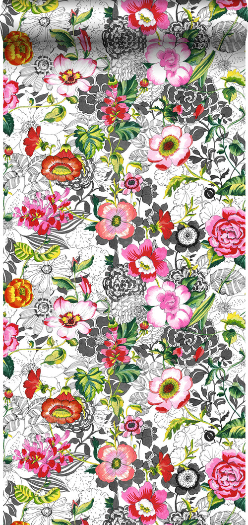 ESTAhome XXL behang funky bloemen roze, rood, groen, zwart en wit - 50 x 900 cm - 158501 - vtwonen shop