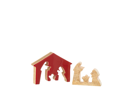 J-Line decoratie Kerststal in Huis - hout - rood/naturel - small